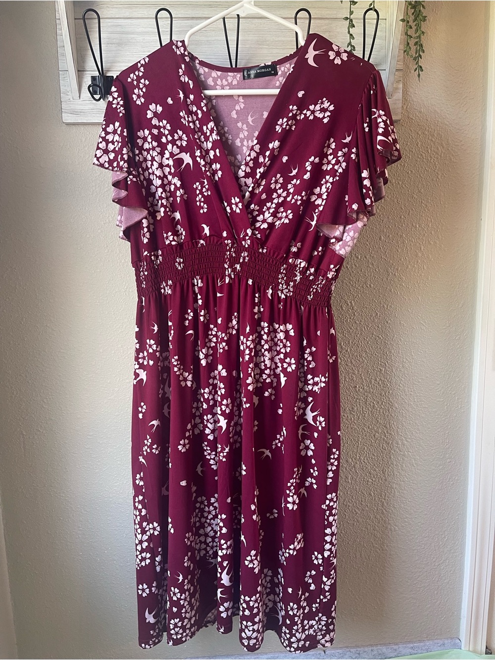 Women’s Burgundy Floral Faux-Wrap Dress with Smocked Waist